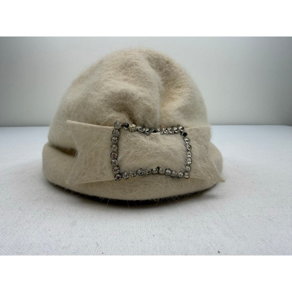 Vintage Ivory Felt Pillbox Hat with Rhinestone Bow Fields of Tulsa Est. Size 7